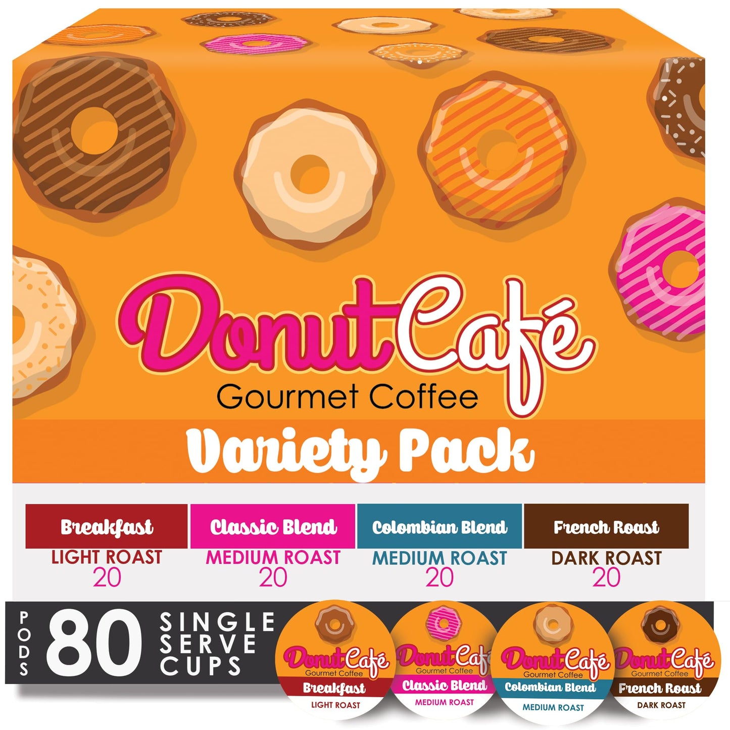 Donut Café Single Serve Coffee Pods For Keurig K Cup Malt-Inspired, Light Medium And Dark French Roast, Breakfast Classic Blend, Colombian, Variety Pack, 80 Count