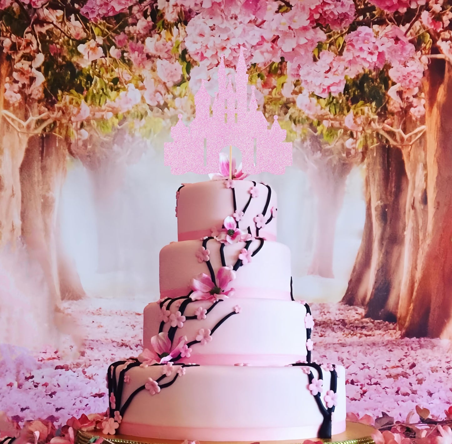 EONNCNT Castle Cake Topper - Pink Glitter Cardboard Birthday Decoration, 6.3 x 8.7 Inches