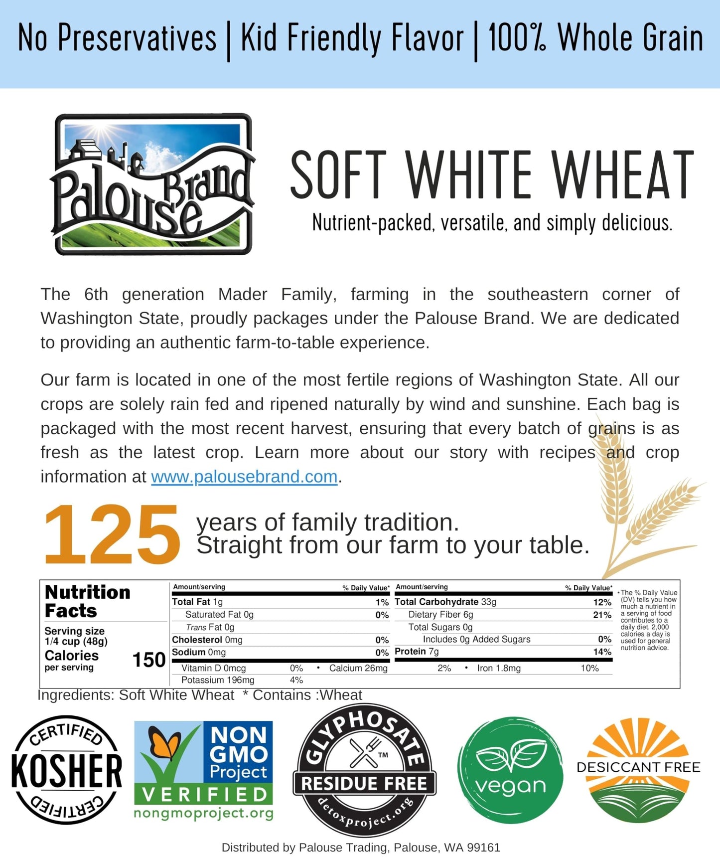 Certified Glyphosate Residue Free Soft White Wheat Berries | 1 Lbs | Family Farmed In Washington State | 100% Desiccant Free | N