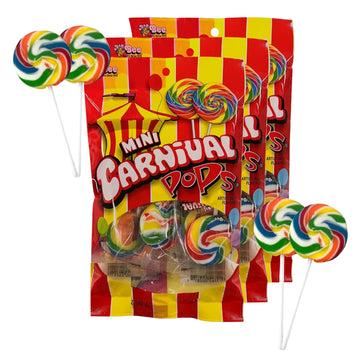 Needzo Mini Carnival Lollipop Packs, Shareable Individually Wrapped Traditional Multi Colored Swirl Pops, 7 Lollipops Per Bag, Pack Of 3