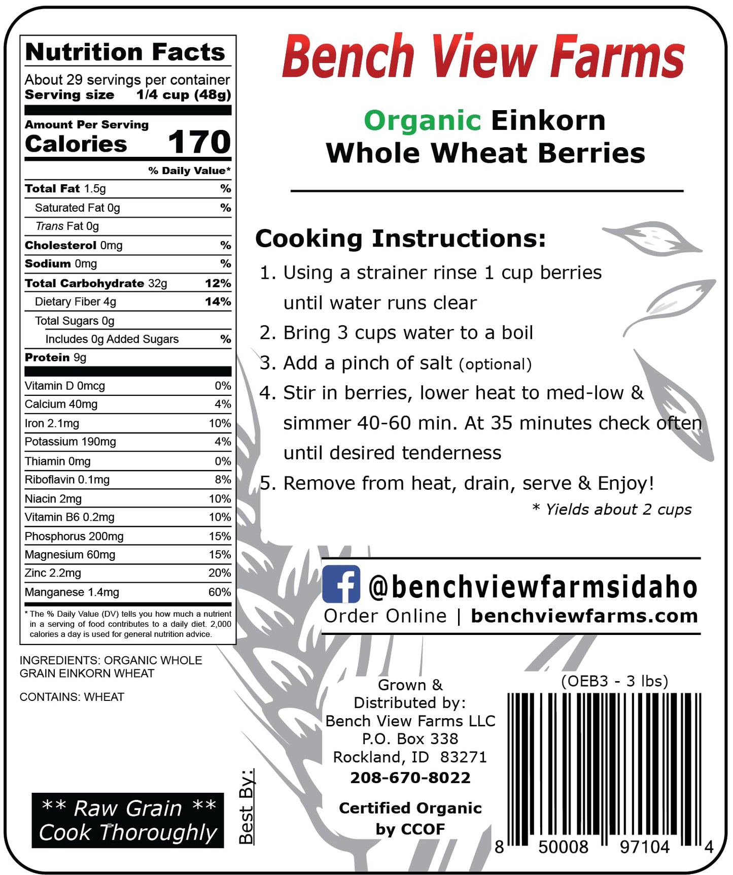 Organic Einkorn Wheat Berries - 3Lbs