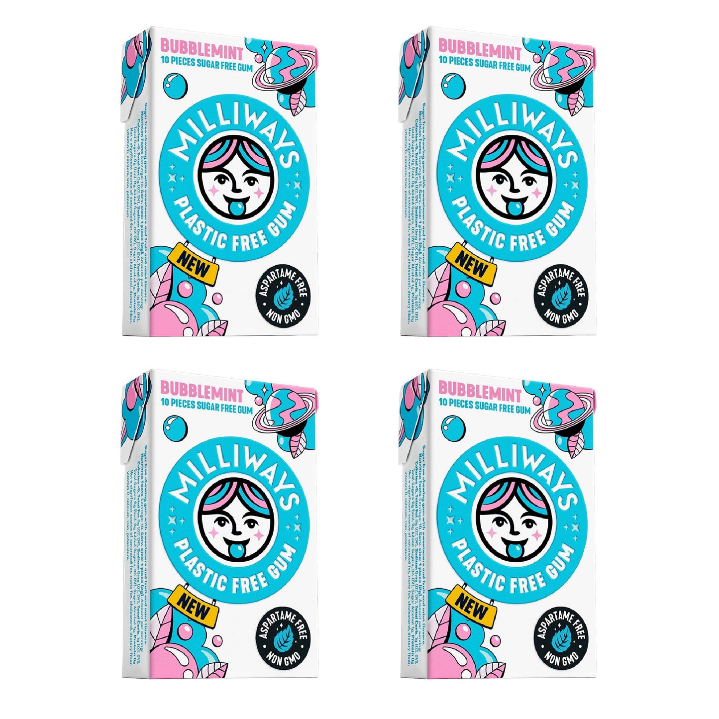 Milliways Bubblemint | Plastic Free Gum | Xylitol, Aspartame-Free, Sugar-Free, Plant-Based, Natural Chewing Gum | 40 Pieces Tota