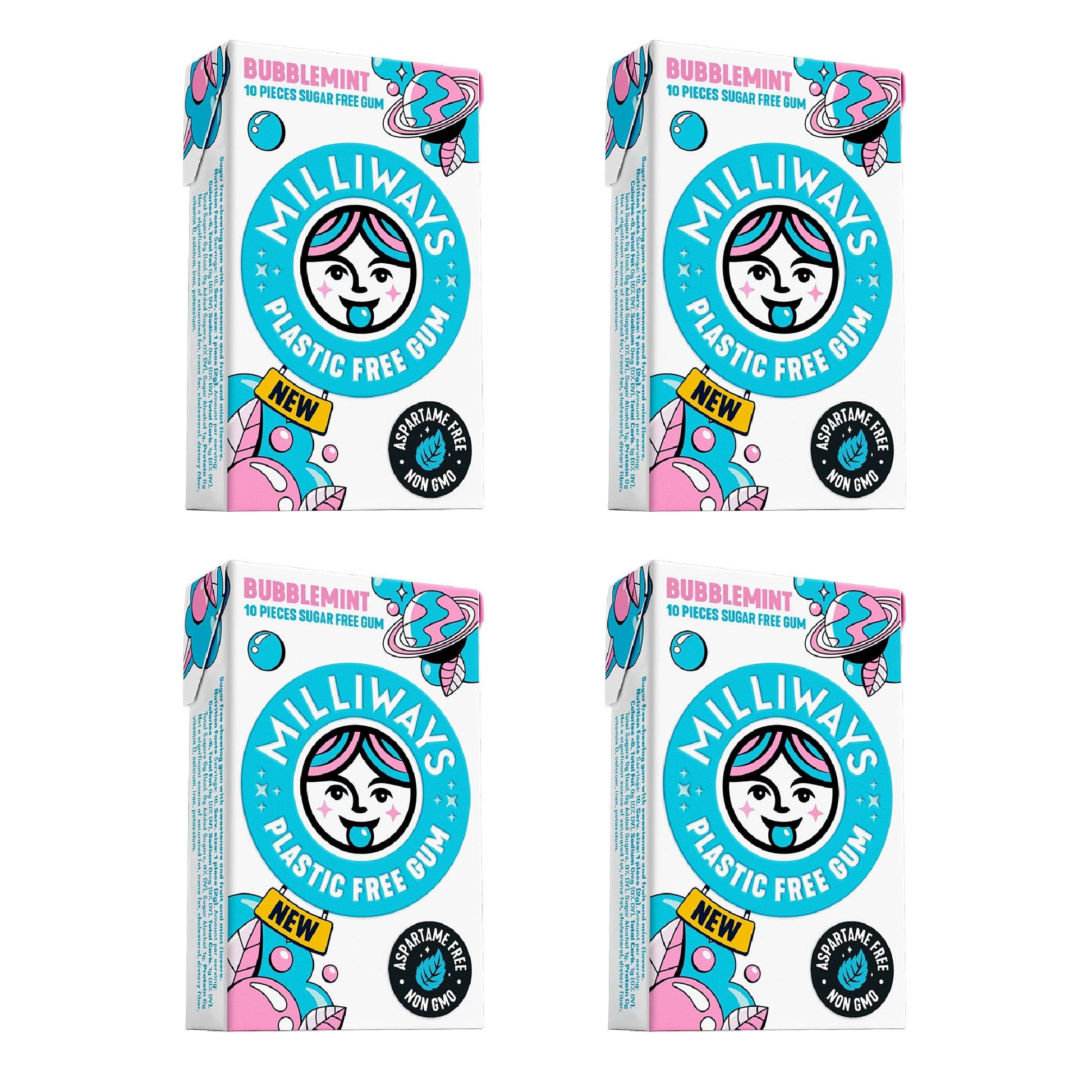 Milliways Bubblemint | Plastic Free Gum | Xylitol, Aspartame-Free, Sugar-Free, Plant-Based, Natural Chewing Gum | 40 Pieces Tota