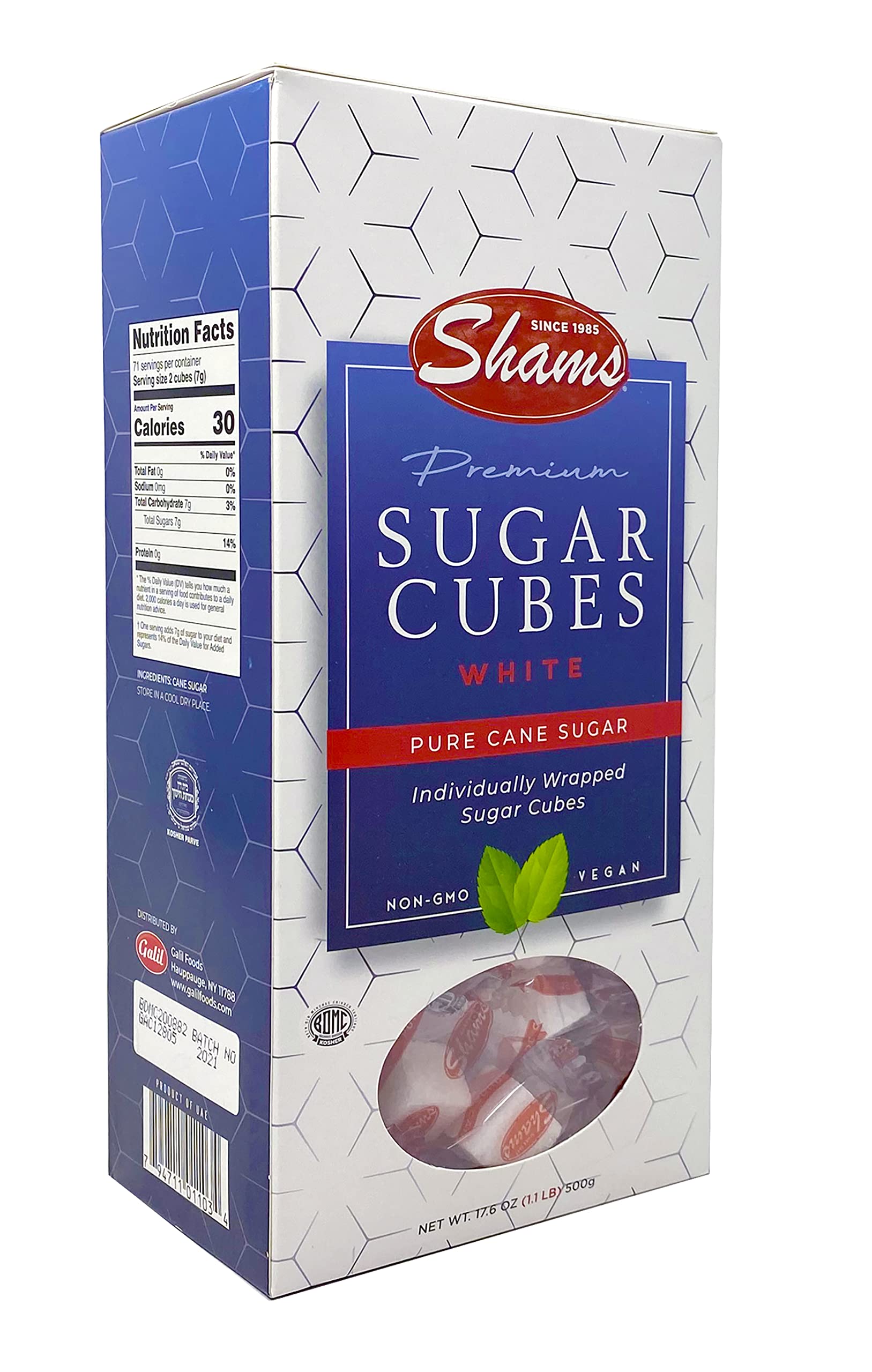 Shams Kosher Sugar Cubes - White Pure Cane Sugar Cubes, Non-GMO, Vegan, Certified Kosher - Individually Wrapped Sugar Cubes for 