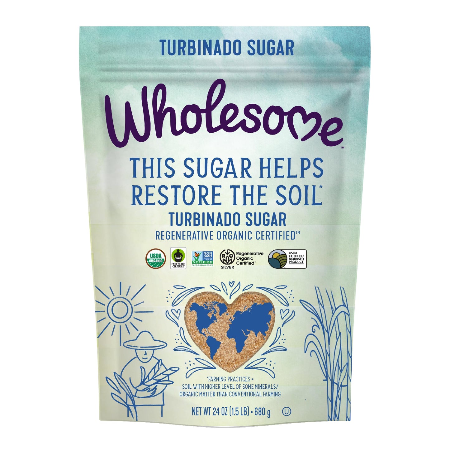 Wholesome Sweeteners 24-Ounce Regenerative Organic Certified Turbinado Sugar, Fair Trade, Non Gmo, Gluten Free & Vegan, 1 Pack
