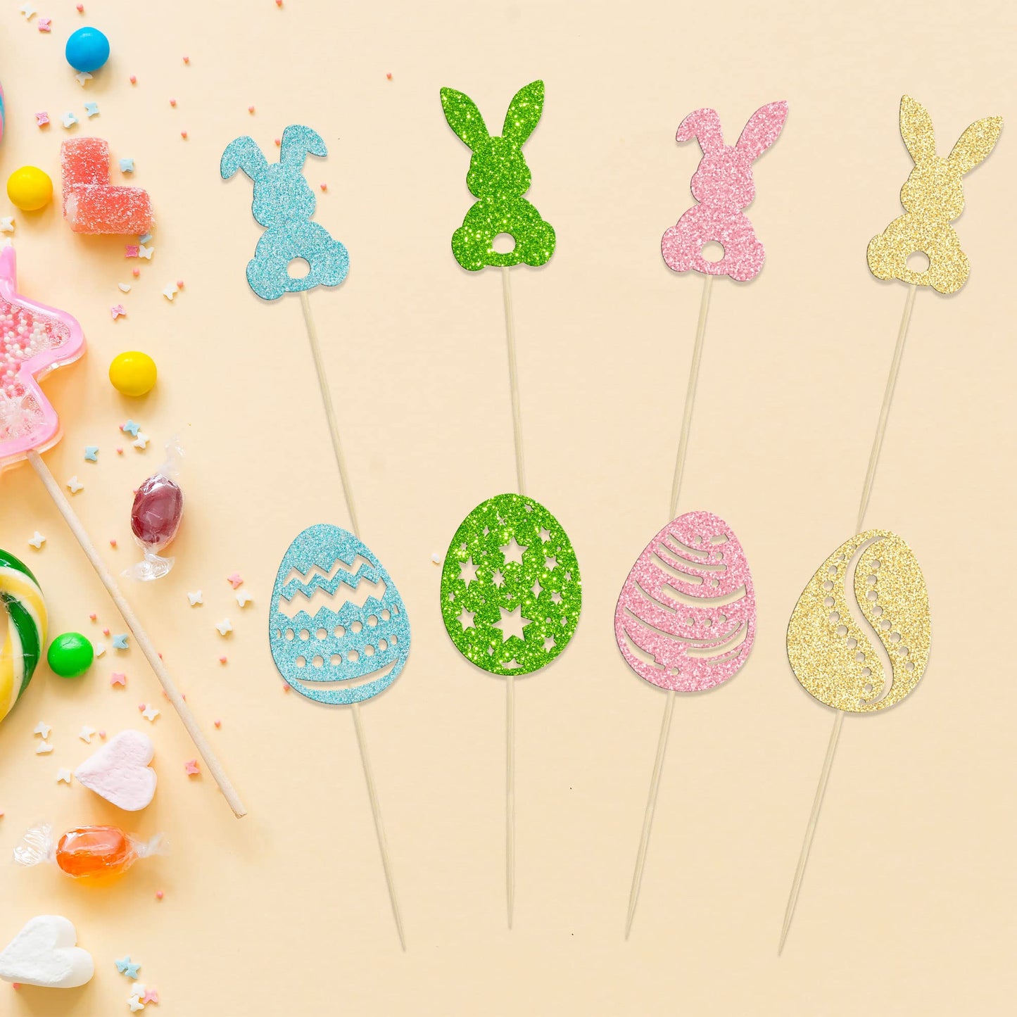 24Pcs Happy Easter Cupcake Toppers Glitter Cute Bunny Egg Cake Decorations Bunny Rabbit Cake Picks For Easter Spring Theme Babys