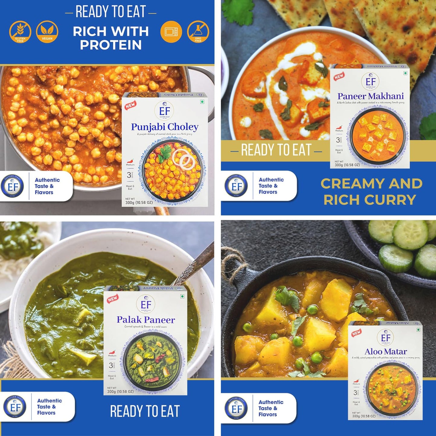 Eastern Feast - Rte Variety Mix #1, (Palak Paneer, Paneer Makhani, Punjabi Choley, Aloo Matar), Ready To Eat Vegetarian Meals, (