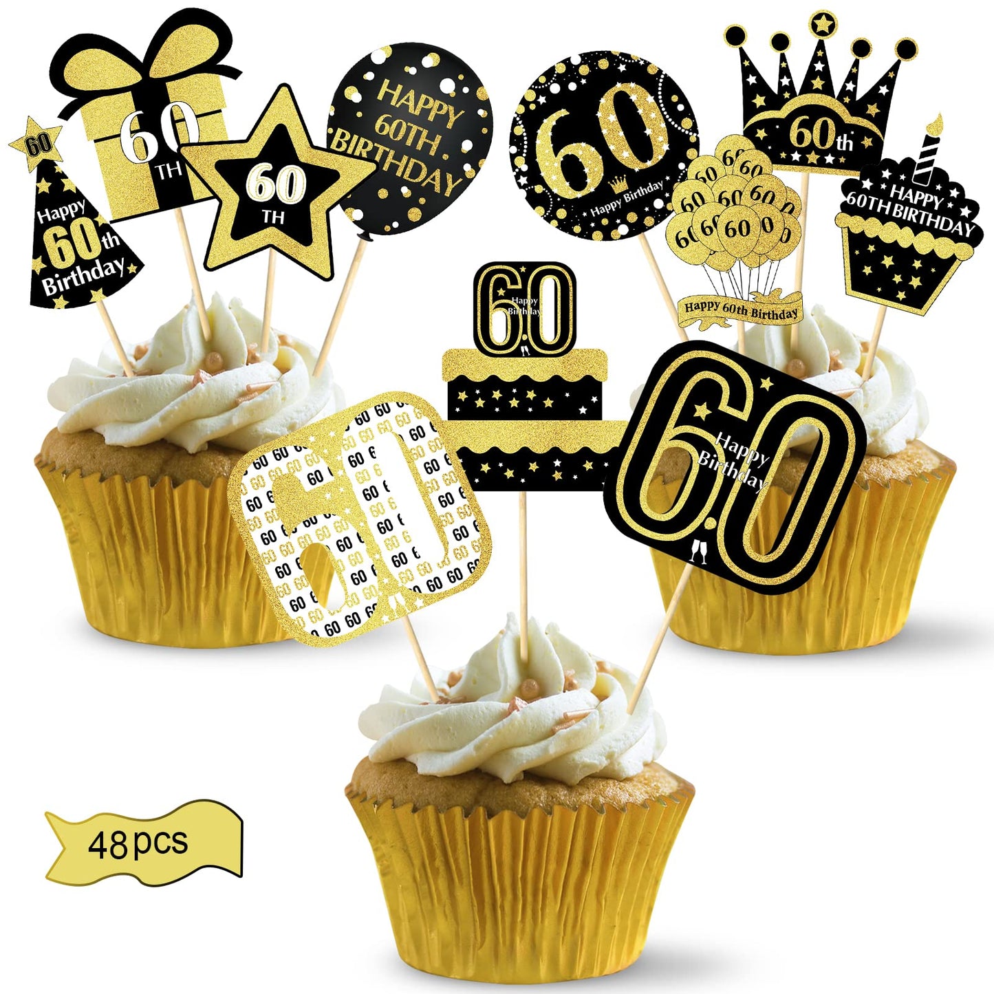 48Pcs 60Th Birthday Cupcake Toppers Decorations For Men Women, Gold 60 Birthday Cake Topper Party Supplies, Happy Sixty Birthday