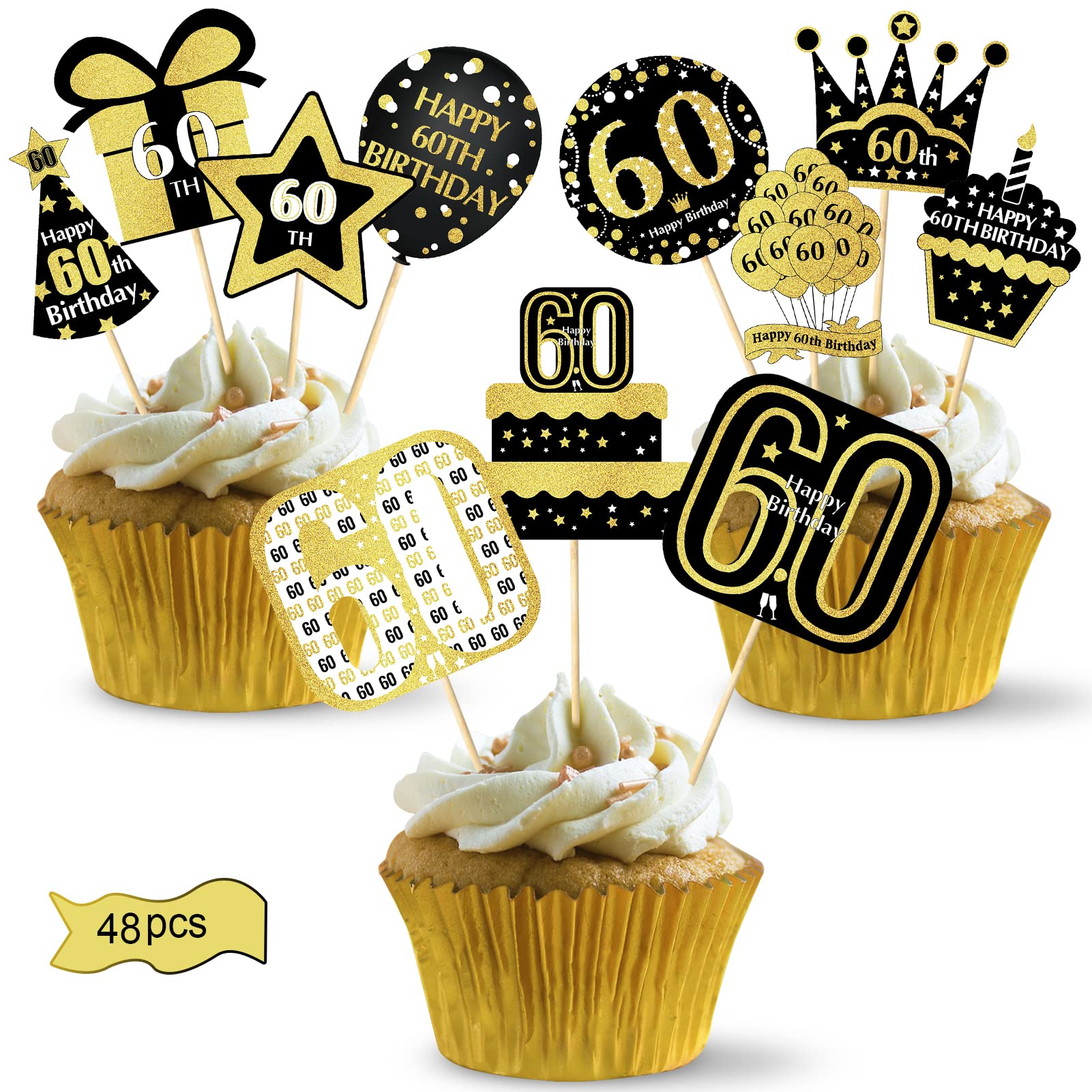 48Pcs 60Th Birthday Cupcake Toppers Decorations For Men Women, Gold 60 Birthday Cake Topper Party Supplies, Happy Sixty Birthday