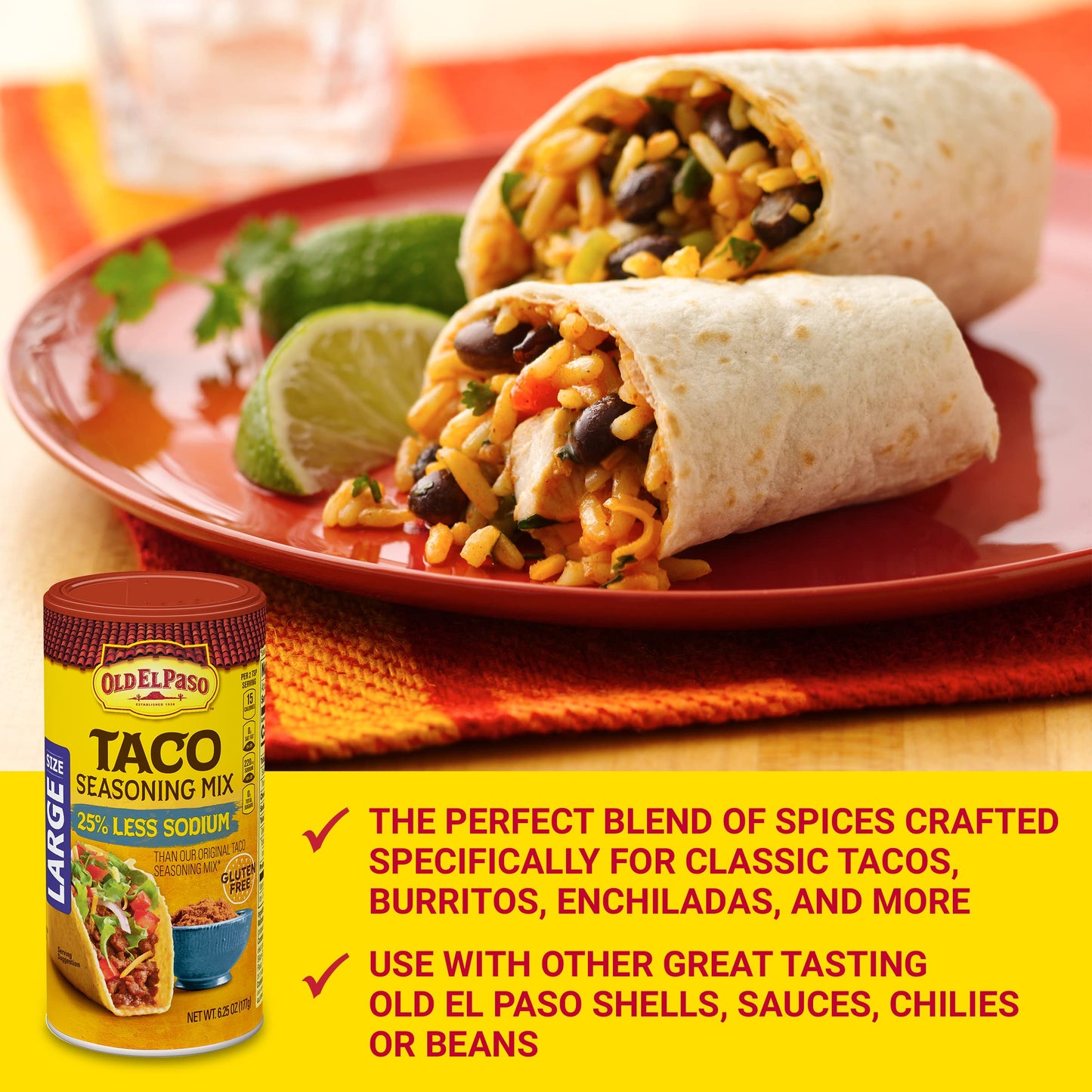 Old El Paso Taco Seasoning, 25% Less Sodium, Large Size, 6.25 oz