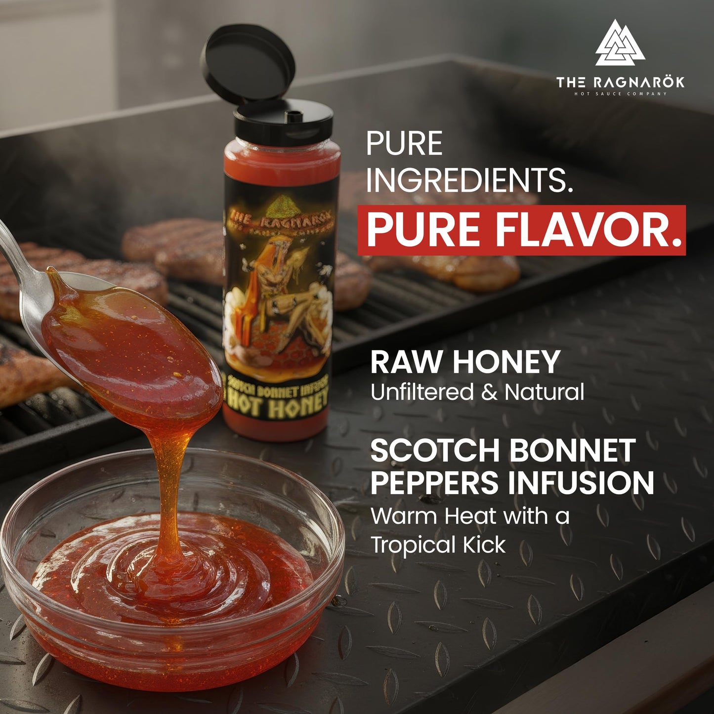 3-Pack Gourmet Hot Sauce Gift Set | Odins Wrath Carolina Reaper Sauce, Scotch Bonnet Infused Hot Honey, & 5 Million Scoville Extract Carolina Reaper Sauce (Extreme Heat) | Th Ragnarok Hot Sauce Company