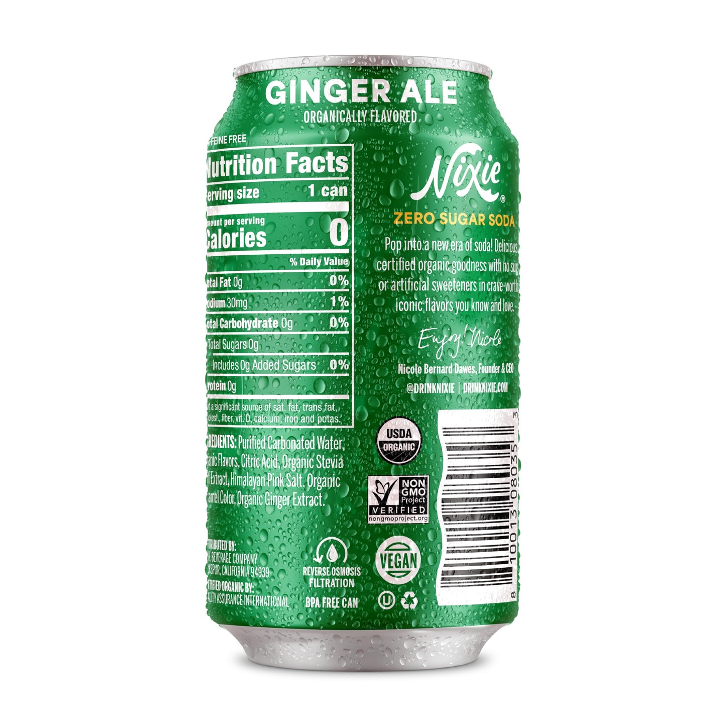 Nixie Organic Zero Sugar Soda, Ginger Ale, Non-GMO, Caffeine Free, 12oz Cans, 12 Pack