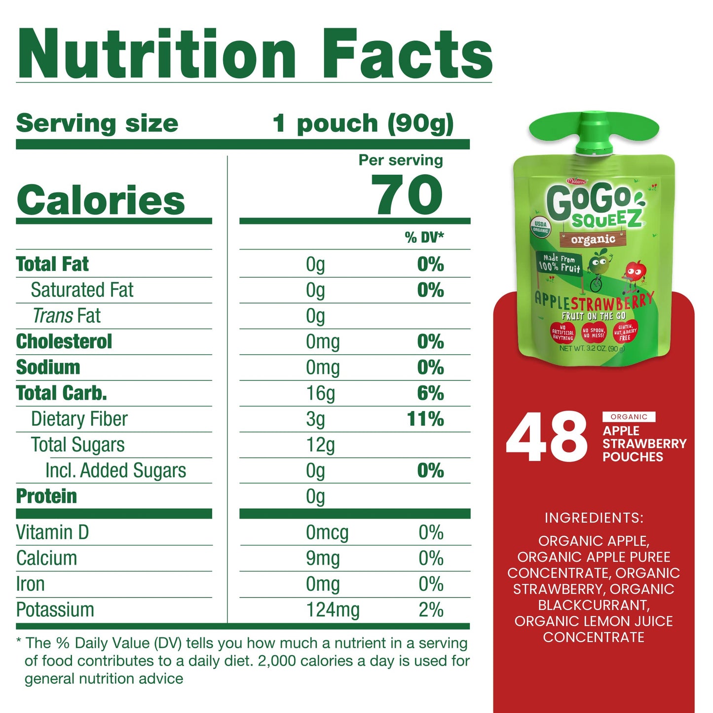 GoGo squeeZ Organic Applesauce & Fruit Puree, Apple Strawberry, 3.2 oz (Pack of 48), Unsweetened, Gluten Free, BPA Free Pouches
