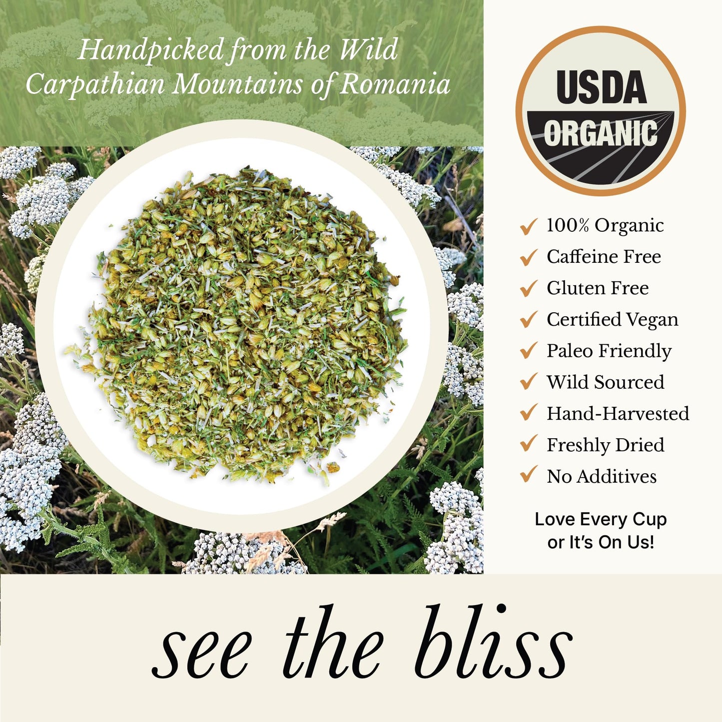 Wild Bliss Organic Yarrow Tea - Caffeine Free Loose Leaf Herbal Tea - 25 Servings - 1.76 Ounces