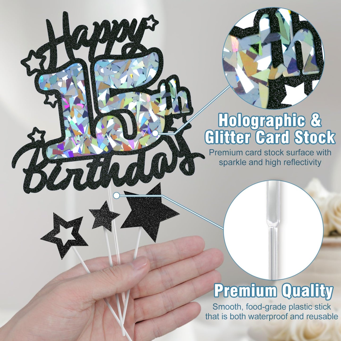 Happy 15Th Birthday Cake Topper, Black Glitter And Gem Patterns Card Stock Cake Toppers, Quinceanera Decorations, 15 Year Birthd