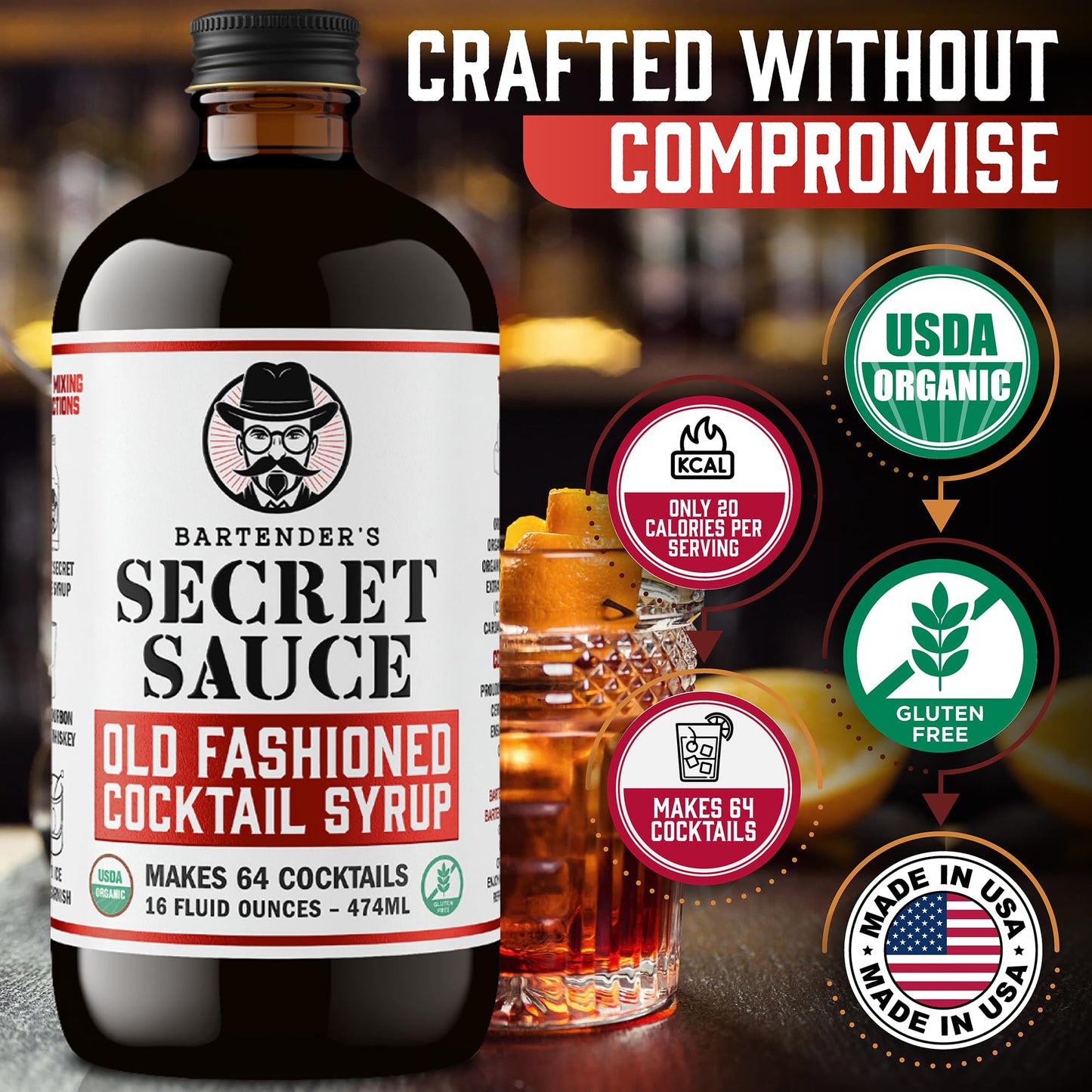 BARTENDERS SECRET SAUCE Old Fashioned Mix Bundle - Handcrafted Syrup 16oz, Gourmet Peninsula Cocktail Cherries 10.5oz, Ice Mold