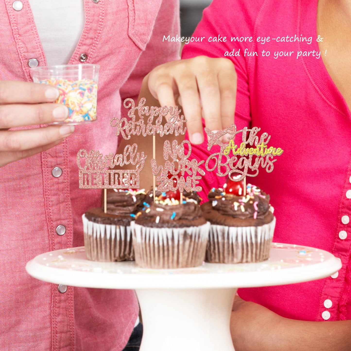 Rssta i Cupcake Toppers, Happy Retirement, Rose Gold, Glitter, 24 Pack, No Work Zone, Cake Decorations