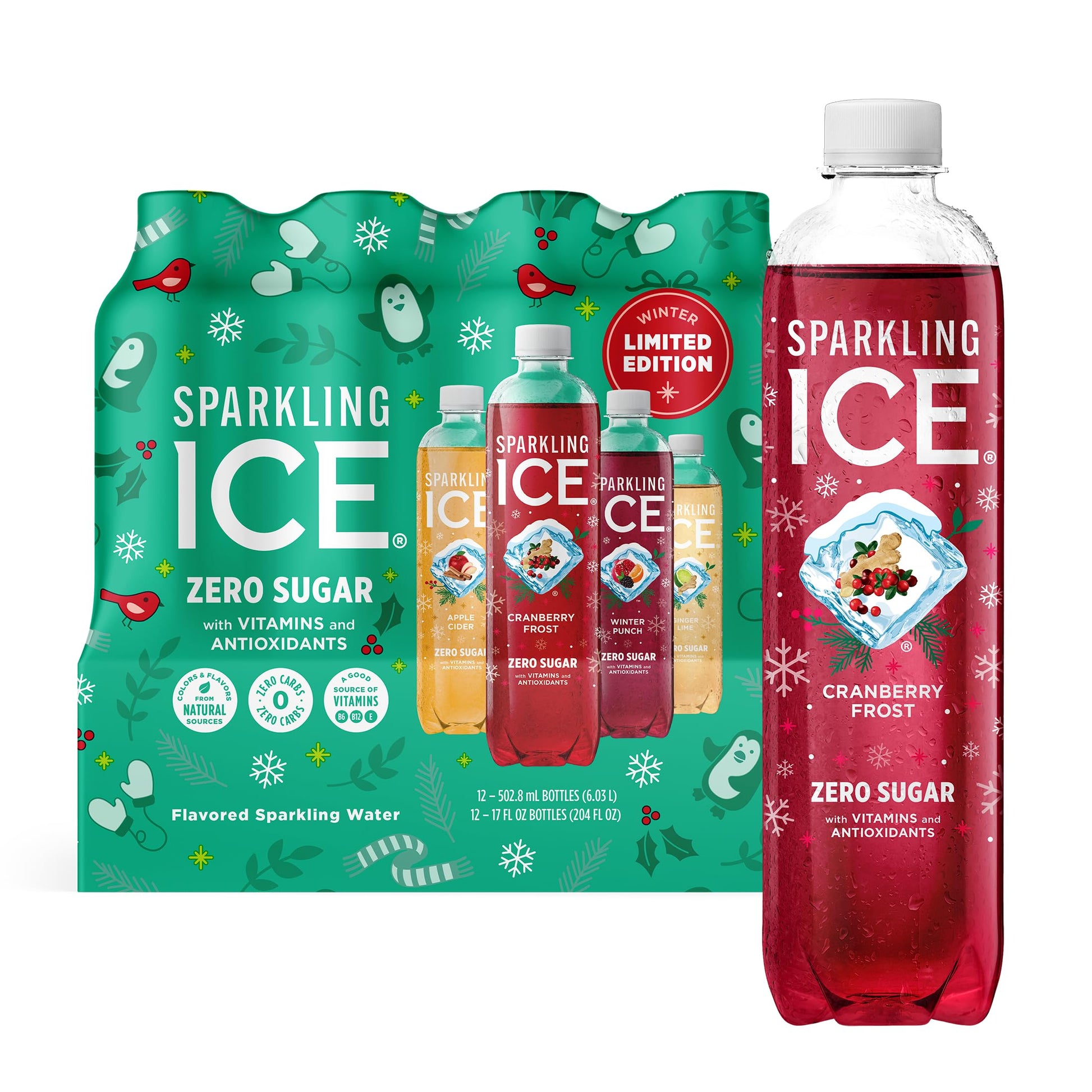 Sparkling Ice  Winter Variety Pack  Flavored Sparkling Water  Zero Sugar  with Vitamins and Antioxidants  17 fl oz  12 count (Cranberry Frost  Winter Punch  Apple Cider and Ginger Lime)