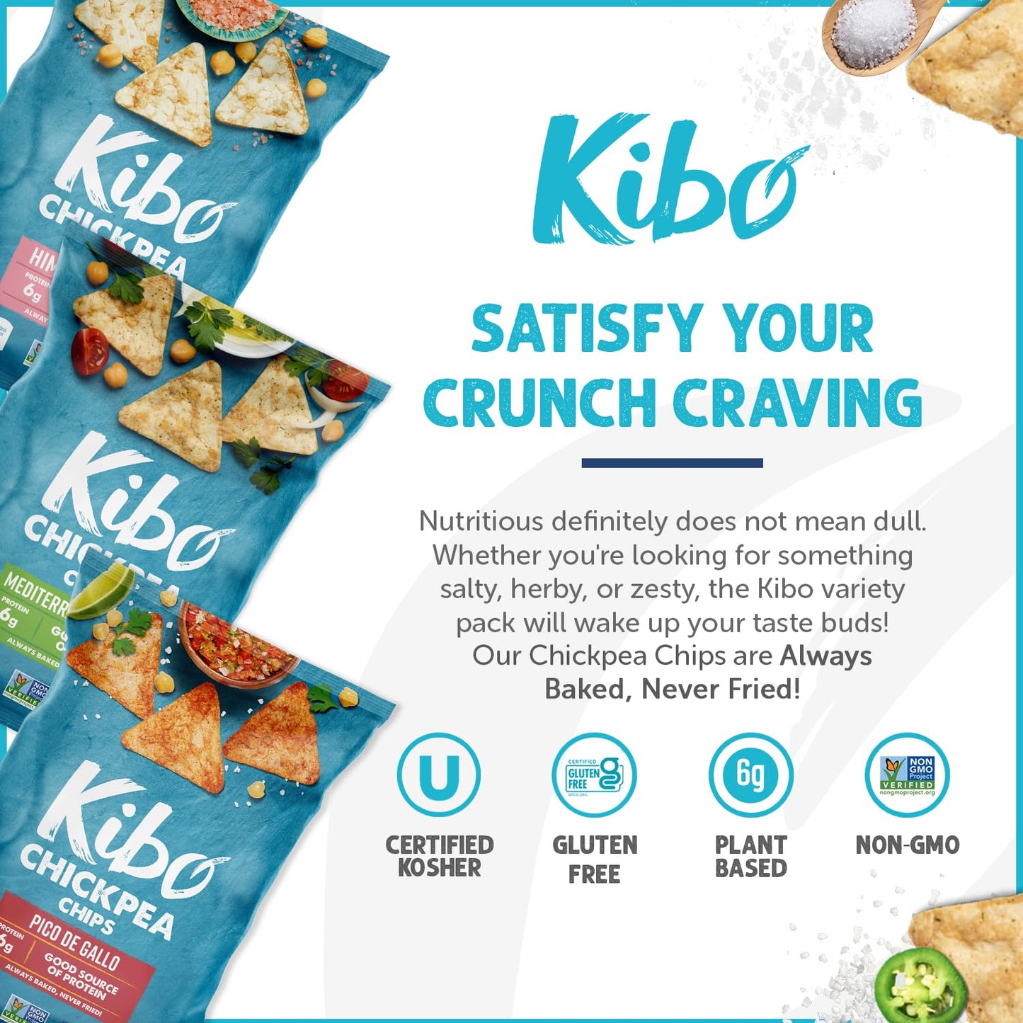 Kibo Chickpea Chips Variety Party Pack - High Protein-Fiber, Certified Gluten-Free, Non-GMO, Vegan - 3 Flavor Variety Pack - 1oz