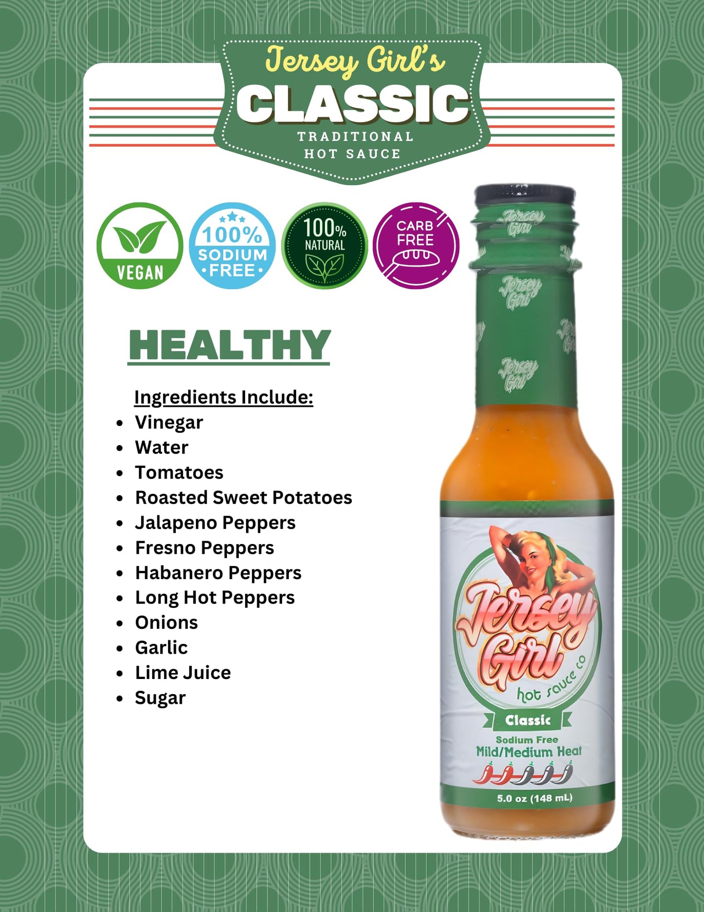 Jersey Girl Habanero Hot Sauce (No Salt/Sodium Free) 5Oz (Classic, Pack Of 2) - All Natural Ingredients.