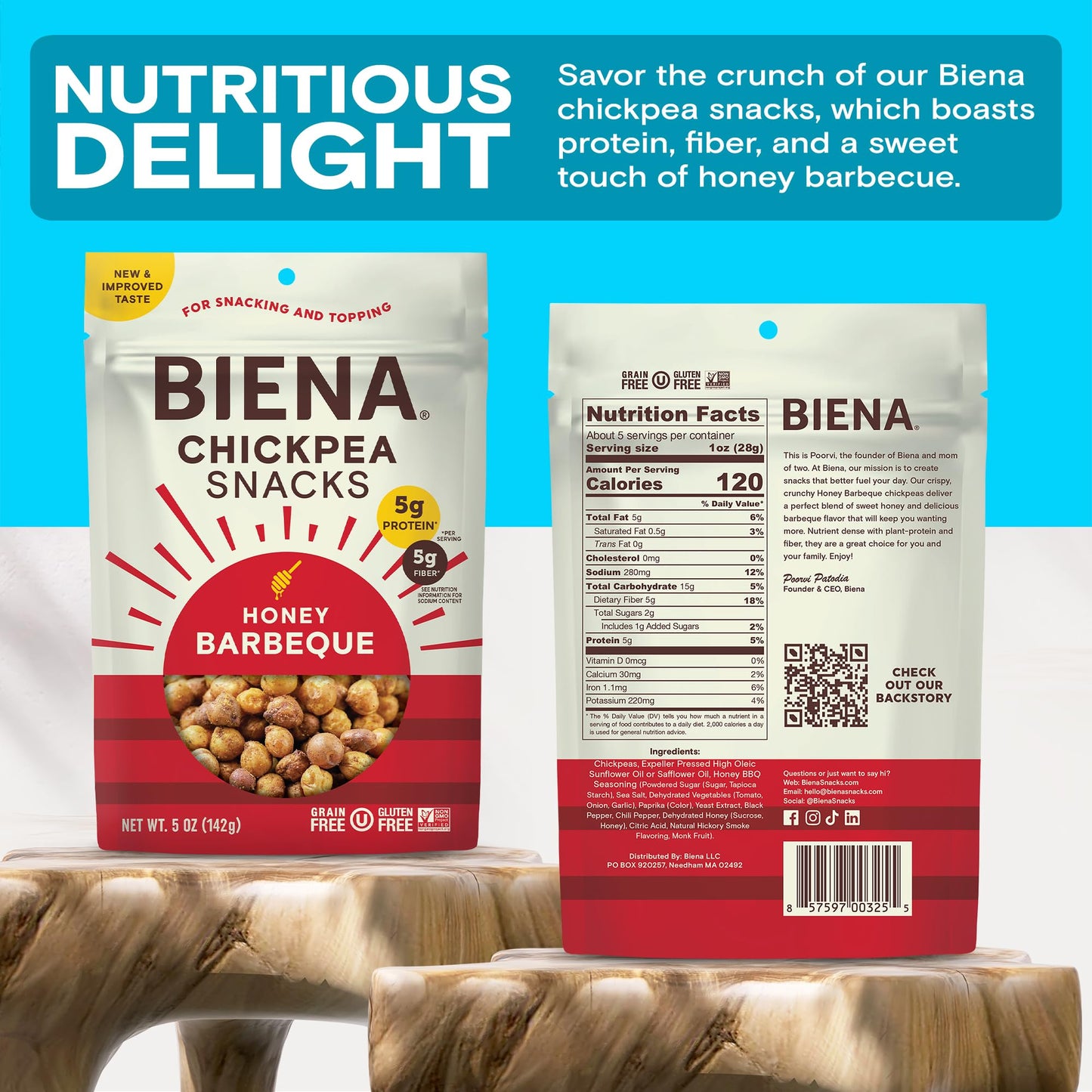 Biena Chickpea Snacks - Crunchy Roasted Chickpeas - High Fiber Protein Snacks For Adults And Kids - 8-Pack, 5 Ounce - Barbecue
