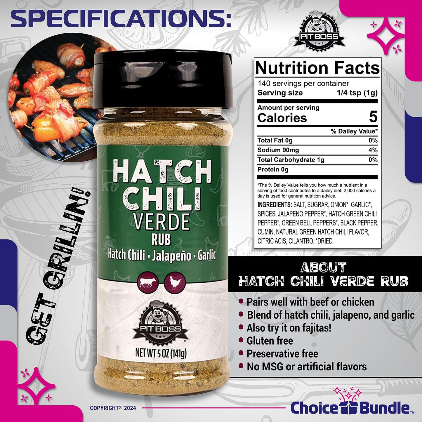 Pit Boss Hatch Chili Verde Barbecue Seasoning Spice & Rub, 10 oz (2 Pack) with Guide & Keychain Opener