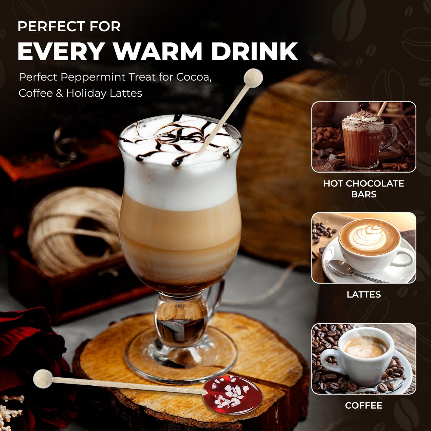 Melville Candy Hot Cocoa/Latte Peppermint Spoon Gift Set – Spoons & Lollipops On Wooden Ball Sticks – Made In The Usa Stirrers For Hot Cocoa, Lattes, Coffee, & Hot Beverages - Individually Wrapped (6-Count, Peppermint)