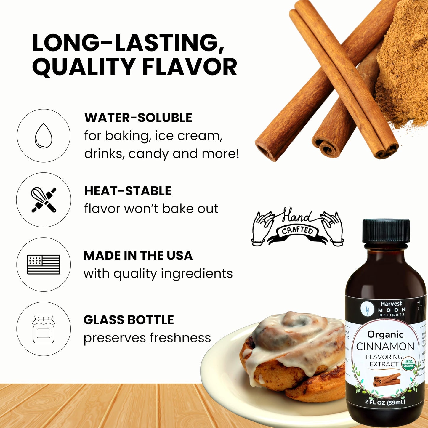 Organic Cinnamon Flavoring Extract For Baking, Ice Cream, Drinks, And Candy - 2 Oz - Water-Soluble - By Harvest Moon Delights - Pure Cinnamon Extract, Flavoring, Flavor