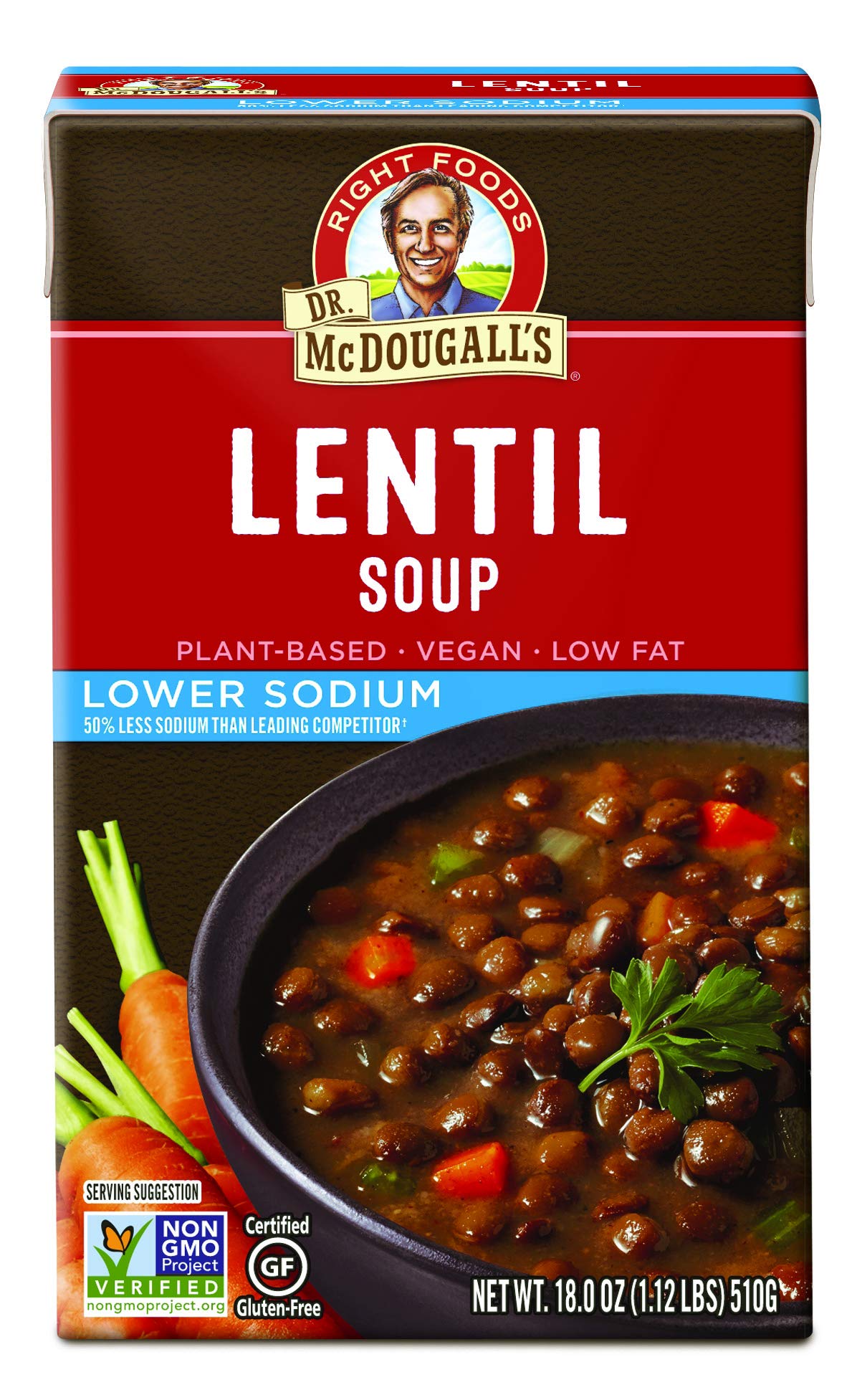 Dr. McDougall's Right Foods Lower Sodium Lentil Soup, 18 Ounce (Pack of 6) Vegan, Gluten-Free, Non-GMO, No Added Oil, Paper Cart