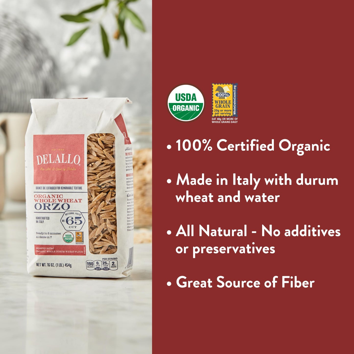 DeLallo Whole Wheat Orzo Pasta  1 Pound Bag  4 Pack  Organic  100% Durum Wheat Flour  Made in Italy  High Protein