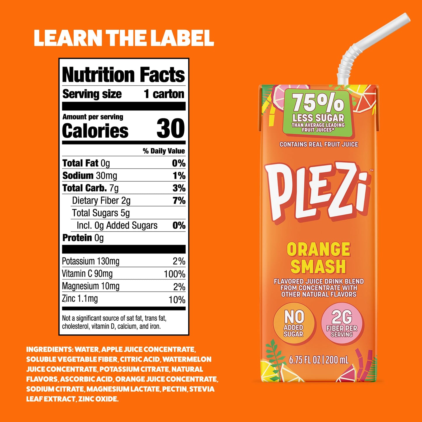 PLEZi Fruit Juice Boxes For Kids, Orange Smash - Low Sugar Drinks with Dietary Fiber, Healthy Vitamin C, and Potassium Electroly