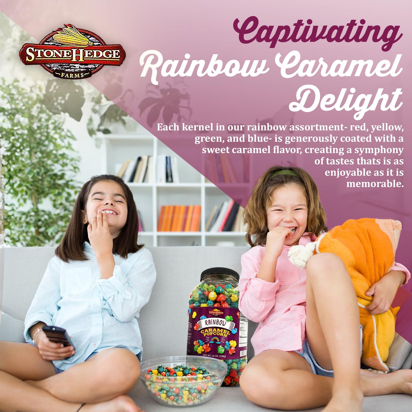 Stonehedge Farms Flavored Rainbow Caramel Popcorn | 26 oz (Pack of 2) | Bulk Popped Carmel Corn | Made in USA