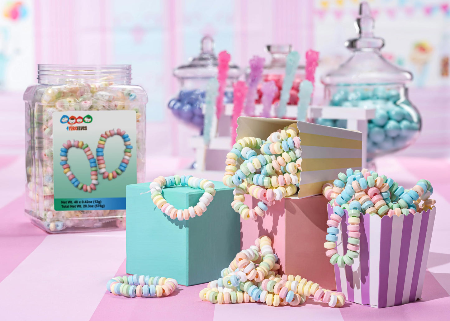 70 Candy Bracelets Individually Wrapped, Stretchable Vintage Candy Jewelry For Kids, The Perfect Pastel Addition To Your Candy B