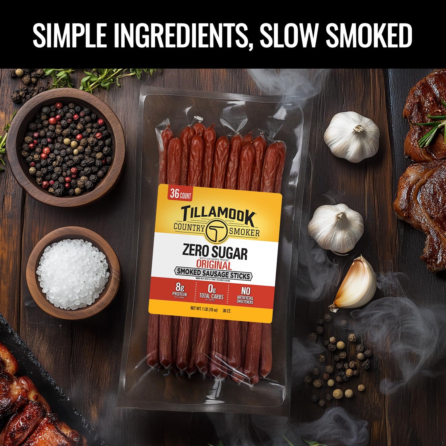 TILLAMOOK COUNTRY SMOKER Smoked Sausage Meat Sticks, Zero Sugar, Low Carb, High Protein, 16 Ounce (36 Count Bulk Pack)