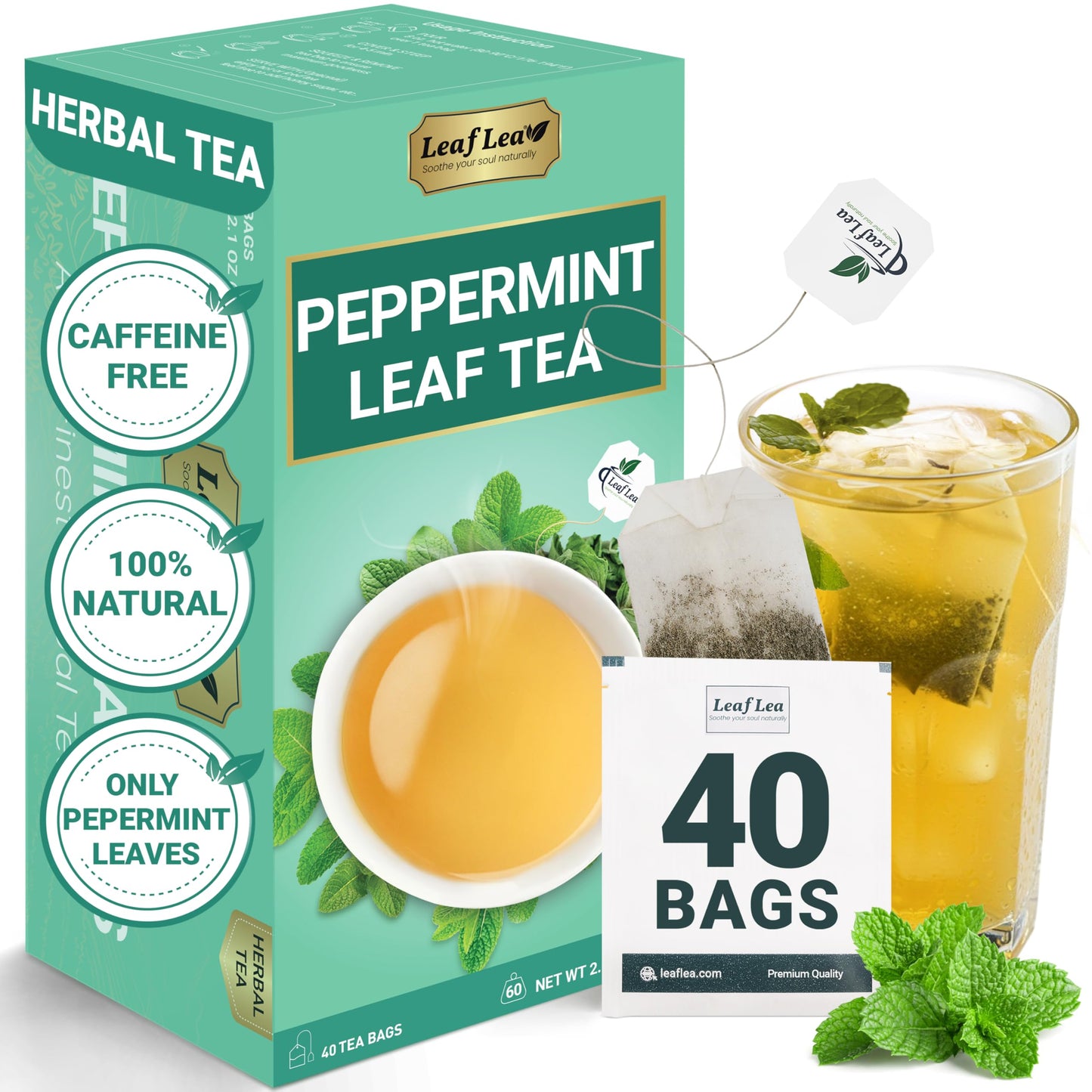 Leaflea 40 Peppermint Tea Bags  Natural Peppermint Leaf Herbal Tea With Cool Taste  Te De Menta For Gentle Digestive Support  Te De Hierba Buena  Energy Blend-Free  Sugar-Free  Vegan  Individually Wrapped