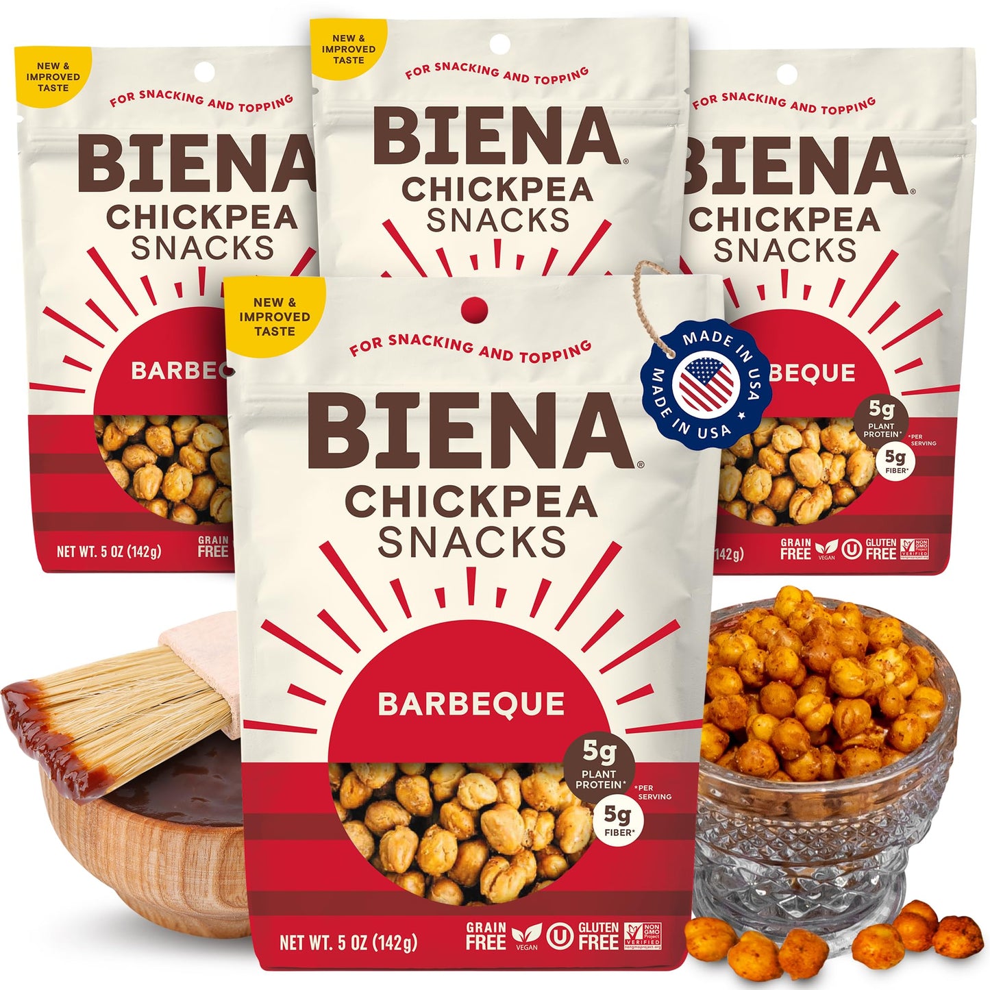 Biena Chickpea Snacks - Crunchy Roasted Chickpeas - High Fiber Vegan Protein Snacks For Adults And Kids - 4-Pack, 5 Ounce Bags -