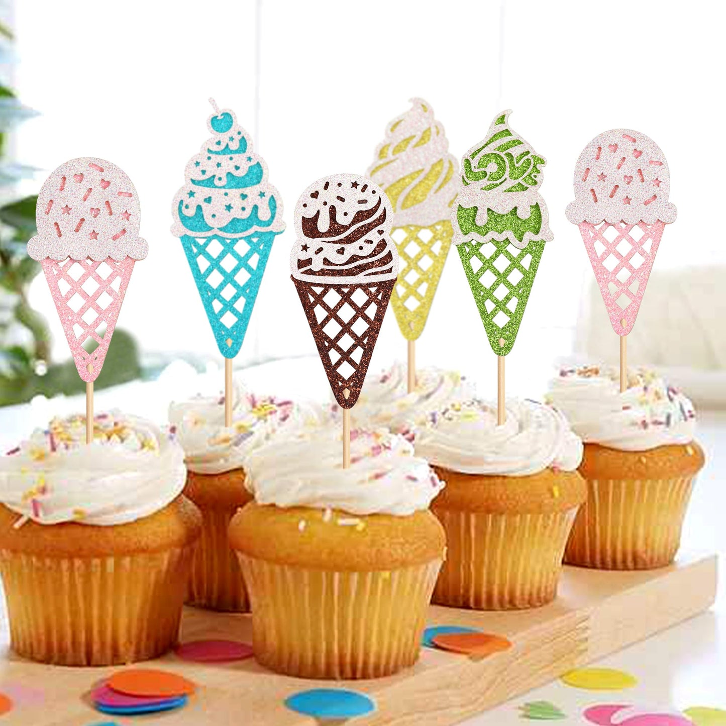 Ercadio 25 Pack Ice Cream Cupcake Toppers Glitter Cupcake Picks For Baby Shower Birthday Summer Hawaii Theme Party Cake Decorati