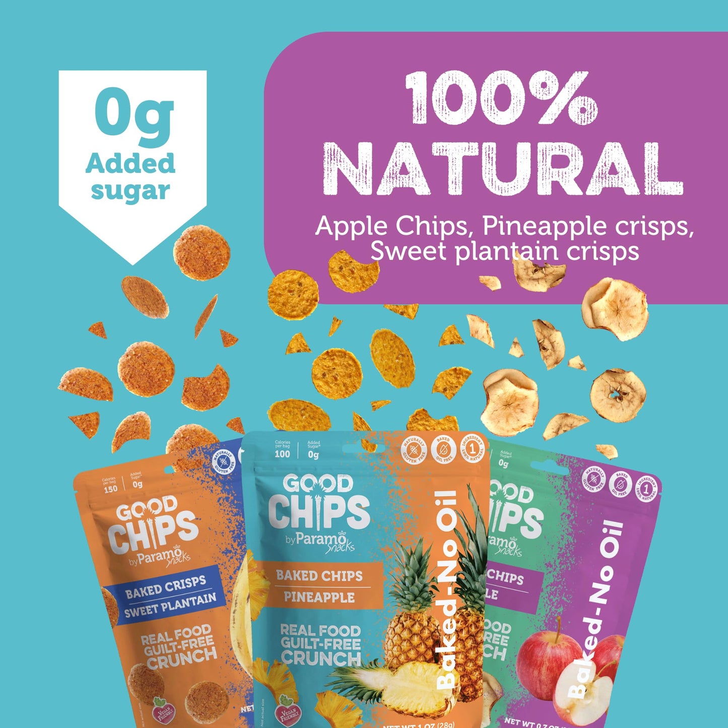 Good Chips Baked Crunchy Snacks Variety Pack - Apple, Pineapple, Sweet Plantain - Pack of 3 - Oil Free, Healthy Dried Fruit