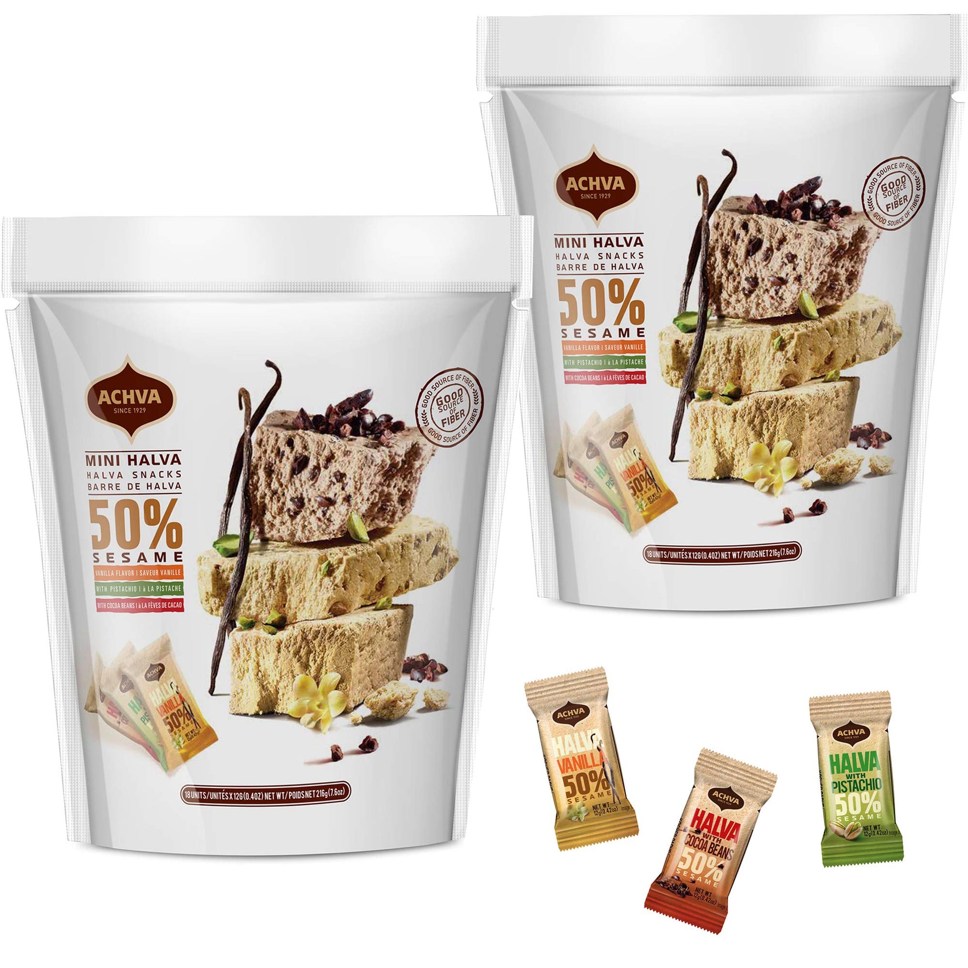 Achva Kosher Vanilla, Cocoa Beans, And Pistachio Mini Halva Bars Snack Bag 18Ct. Each Bar 0.4Oz Net Wt 7.6Oz (Pack Of 2) | Vegan