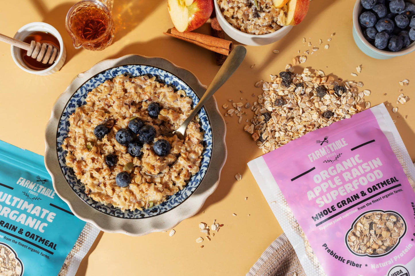 Farm To Table Foods Organic Oatmeal Variety Pack - High-Protein, Plant-Based, Unsweetened, Non-Gmo - 3-Pack (Apple Raisin, Whole