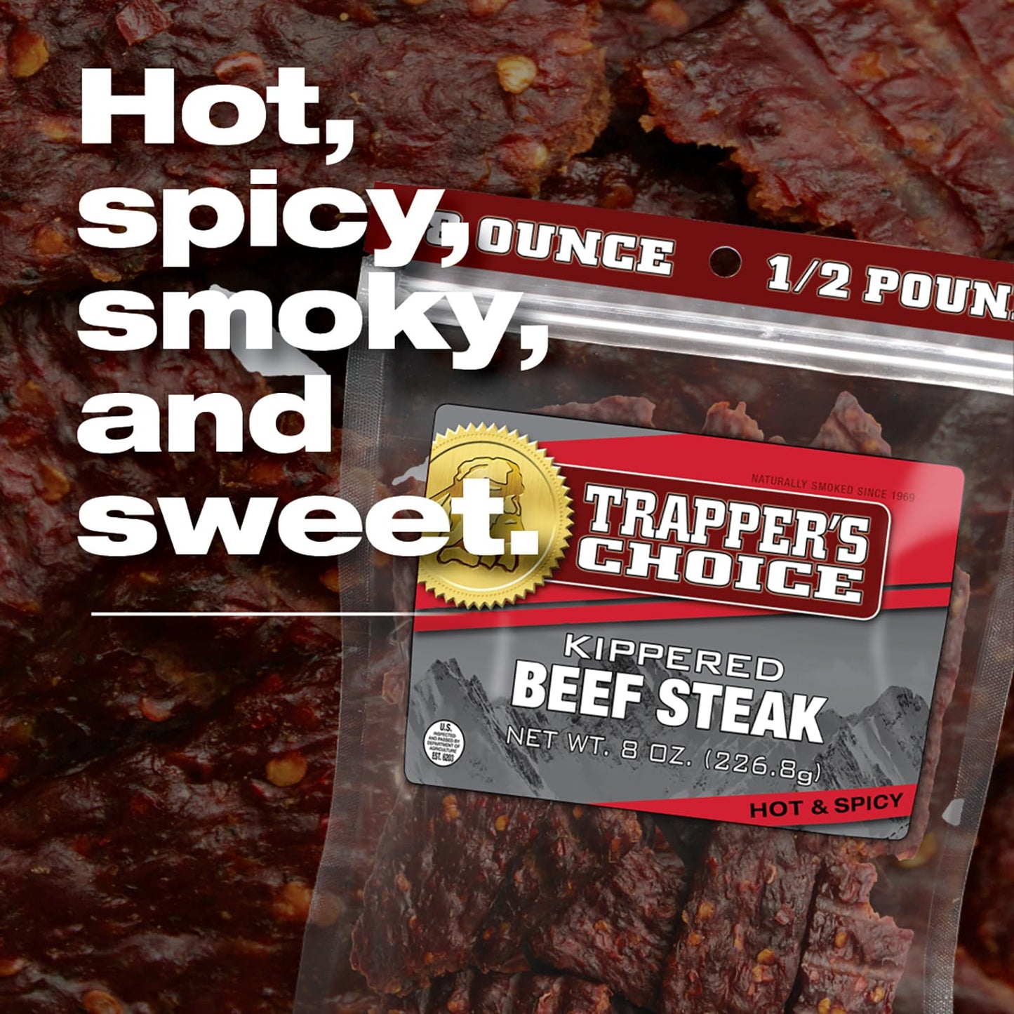 Old Trapper, Trapper'S Choice Hot & Spicy Kippered Beef Steak, Eight-Ounce Individual Package, 10 Grams Of Protein And 70 Calori