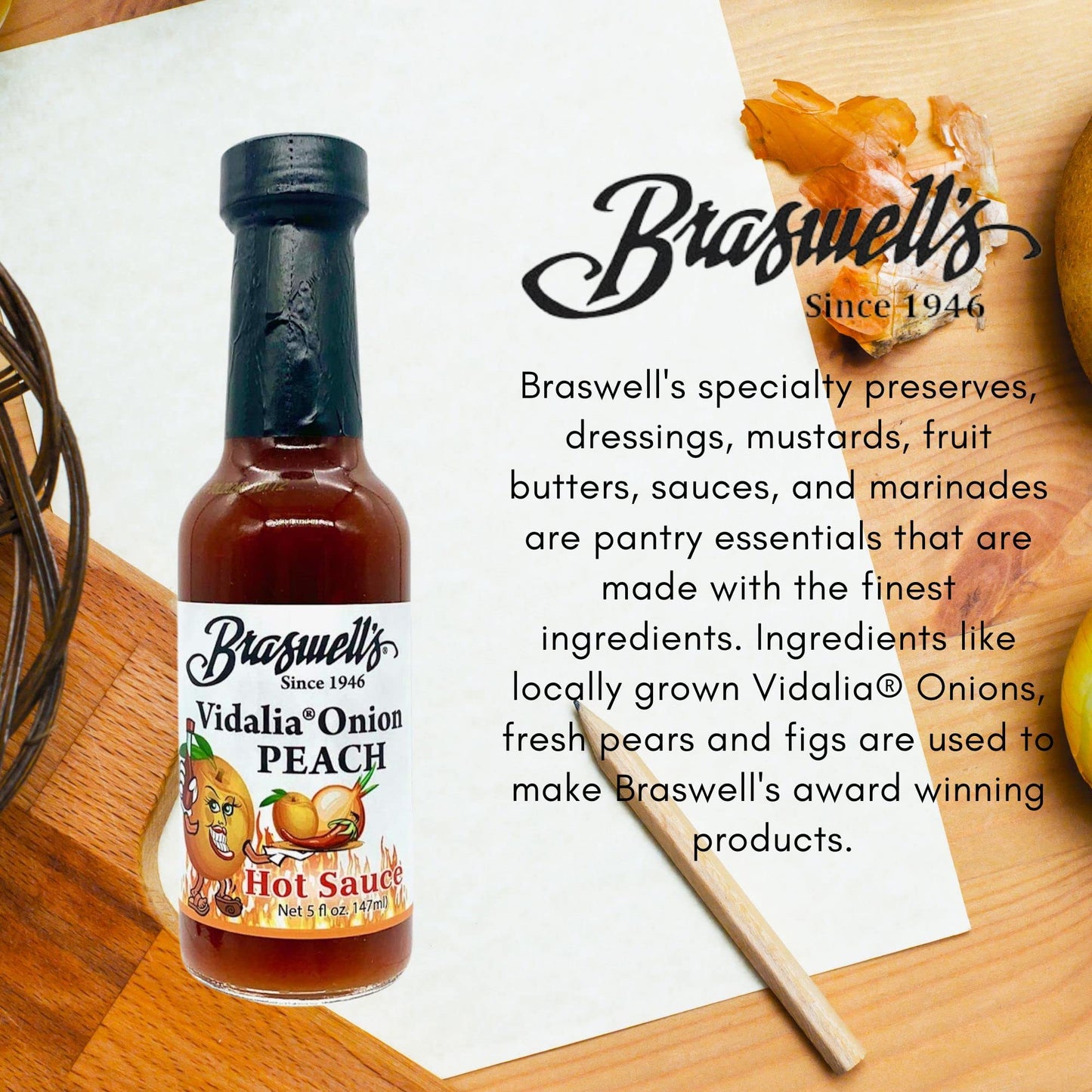 Braswells Vidalia Onion Peach Hot Sauce - Sweet & Spicy Flavor, 5 oz Bottle