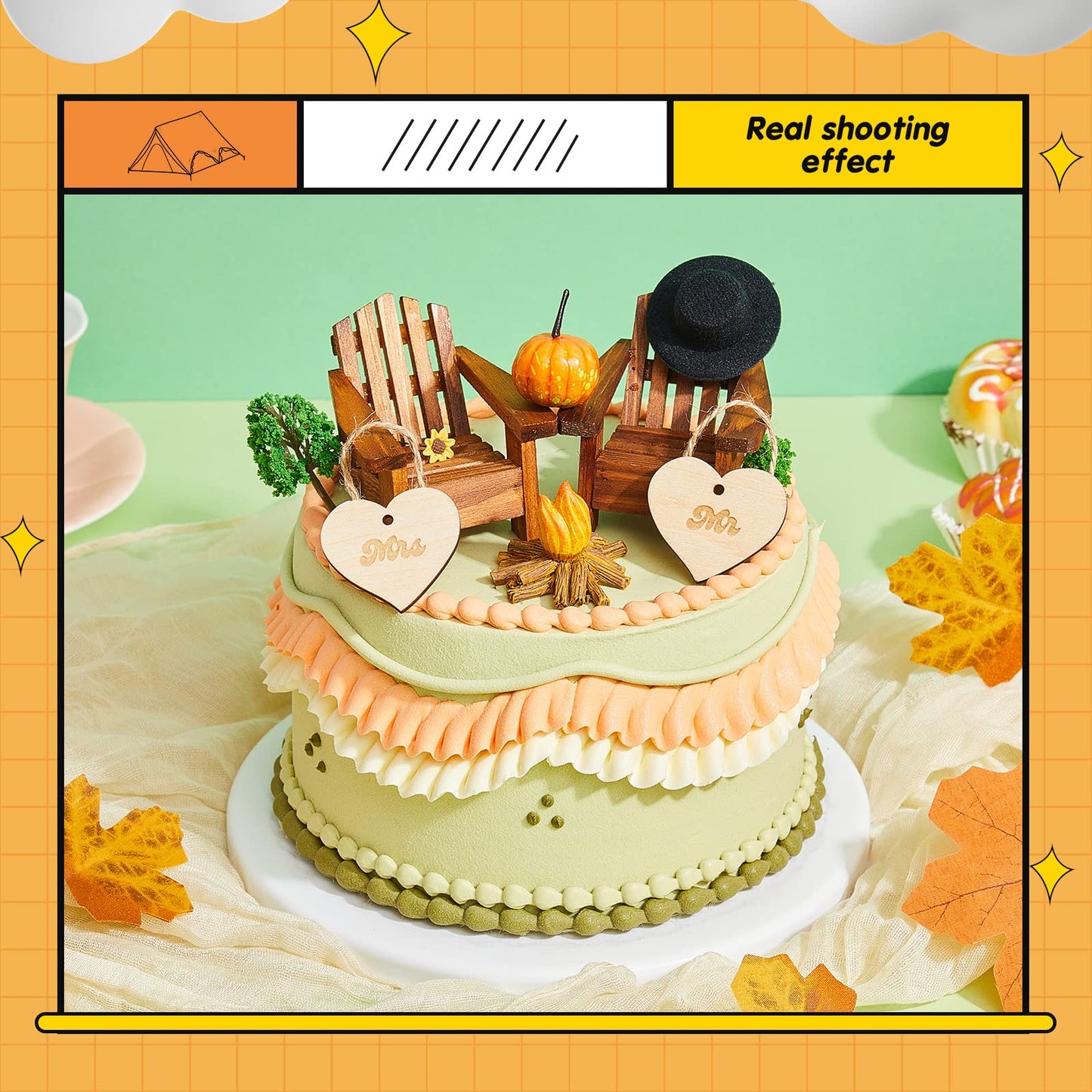 Qunclay 27 Pcs Adirondack Miniature Chair Cake Topper Set, Wood-toned/Autumn-leaf Red, Fall Theme Decorations for Weddings & Parties