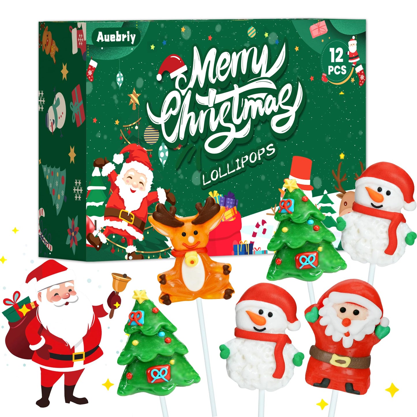 Auebriy Christmas Lollipops Suckers, 12 Count Fruit Flavored Christmas Candy Individually Wrapped Bulk With Gift Box, Snowman Candies, Holiday Themed Candy Gift Stocking Stuffers, Party Favors
