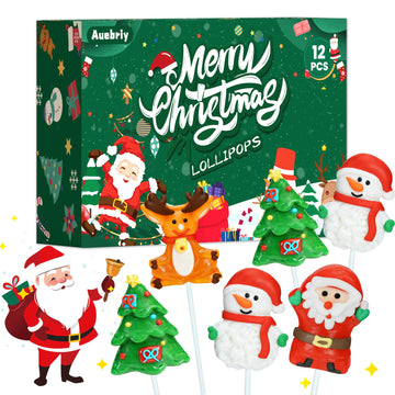 Auebriy Christmas Lollipops Suckers, 12 Count Fruit Flavored Christmas Candy Individually Wrapped Bulk With Gift Box, Snowman Candies, Holiday Themed Candy Gift Stocking Stuffers, Party Favors