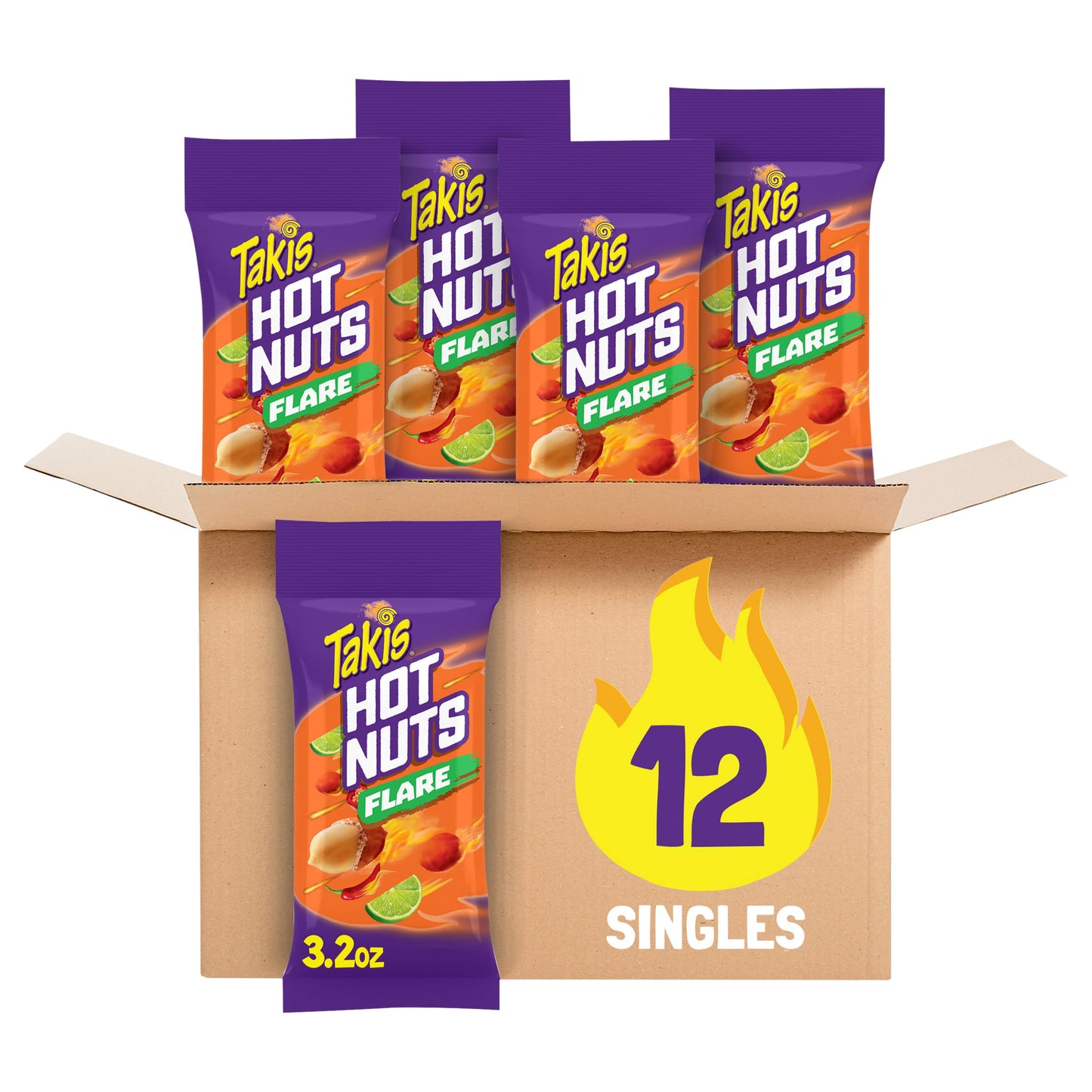Takis Flare Hot Nuts, Chili Pepper & Lime Flavored, Medium Spicy Double-Crunch Peanuts, Snack Size Box, 12 Count (3.2 oz)