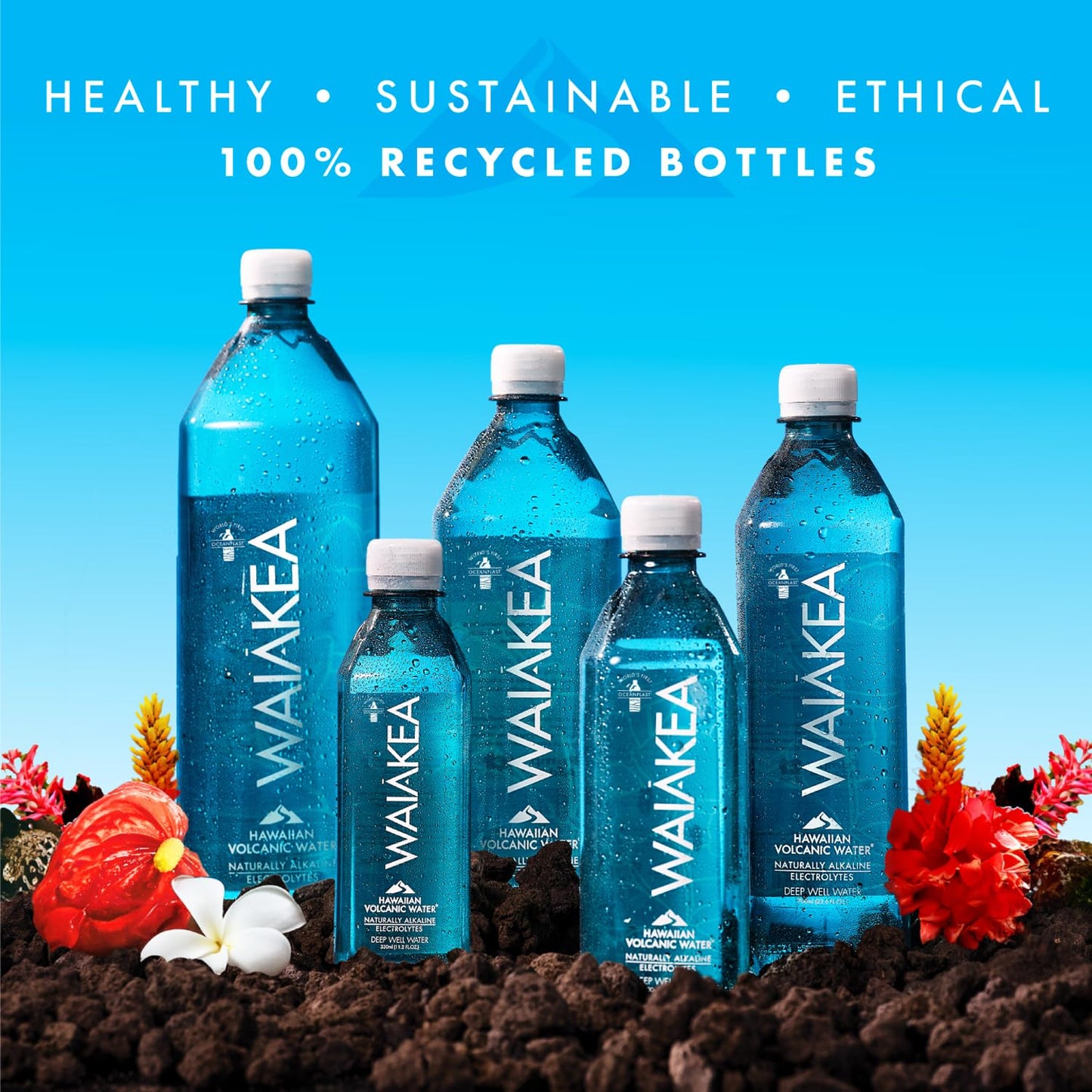 Waiakea Hawaiian Volcanic Water, Naturally Alkaline, 33.8 Fl Oz, 100% Recycled Bottle, Pack of 12, Model 1001