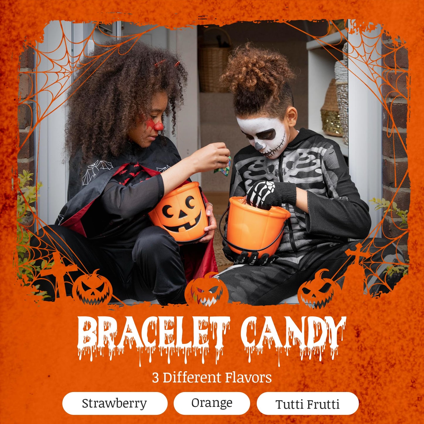 30 Pack Halloween Candy Bracelets - Individually Wrapped Holiday Themed Pumpkin And Skull Bracelets - Trick Or Treat Strawberry