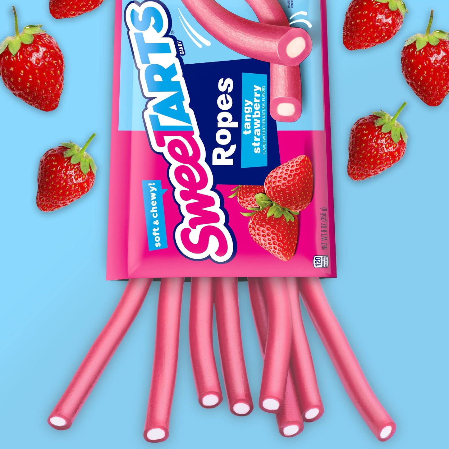 SweeTARTS Soft & Chewy Ropes Candy, Tangy Strawberry Flavor, 9oz Pink Pouch - Perfect Sweet Treat for Candy Lovers