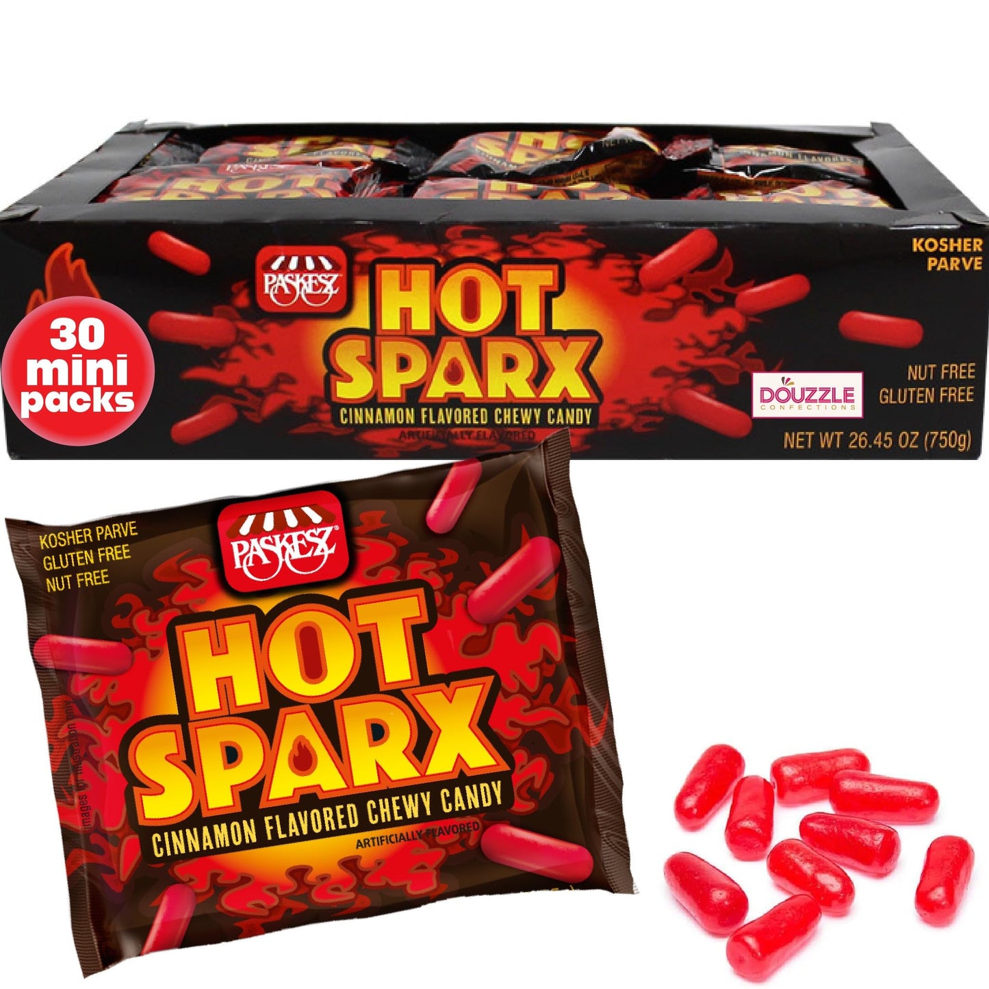 DOUzzle Back To School Hot Sparx Red Cinnamon Candy Sticks, Chewy Candies, Mini Packs (30 Count, 1 Pack) Individually Wrapped, P